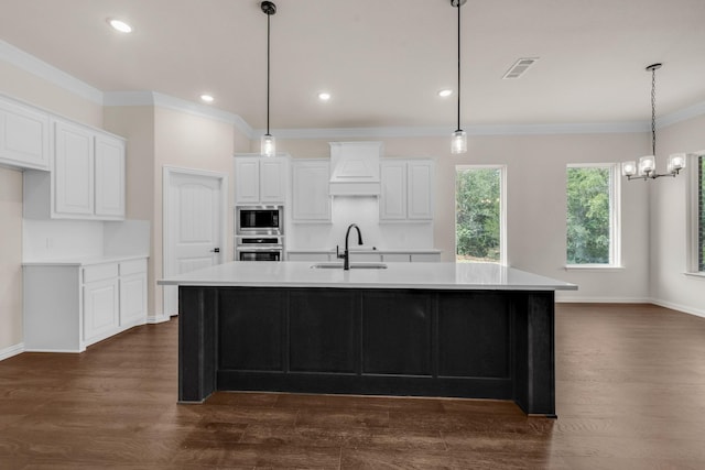 kitchen featuring premium range hood, sink, appliances with stainless steel finishes, an island with sink, and white cabinets