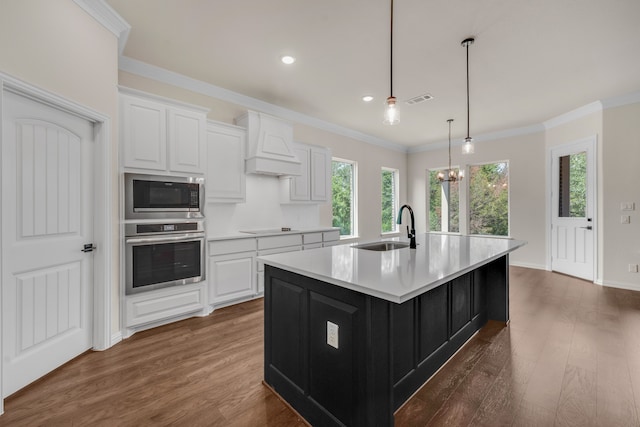 kitchen featuring custom range hood, white cabinets, dark hardwood / wood-style flooring, stainless steel appliances, and sink