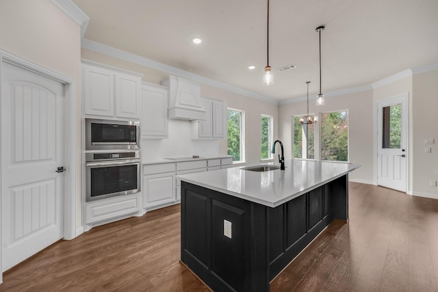 kitchen with sink, appliances with stainless steel finishes, an island with sink, custom range hood, and white cabinets