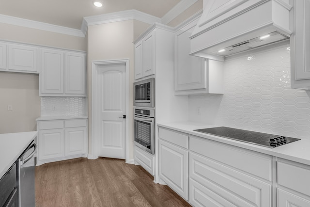 kitchen featuring premium range hood, hardwood / wood-style flooring, tasteful backsplash, white cabinets, and appliances with stainless steel finishes