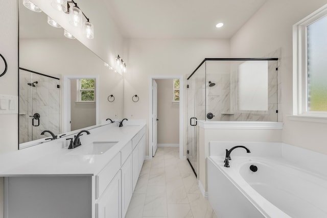 bathroom featuring independent shower and bath, tile patterned flooring, and double vanity