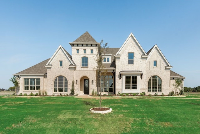 exterior space with a front lawn and roof with shingles