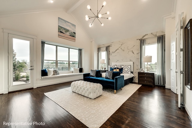 bedroom with high vaulted ceiling, dark hardwood / wood-style floors, access to exterior, beam ceiling, and a chandelier