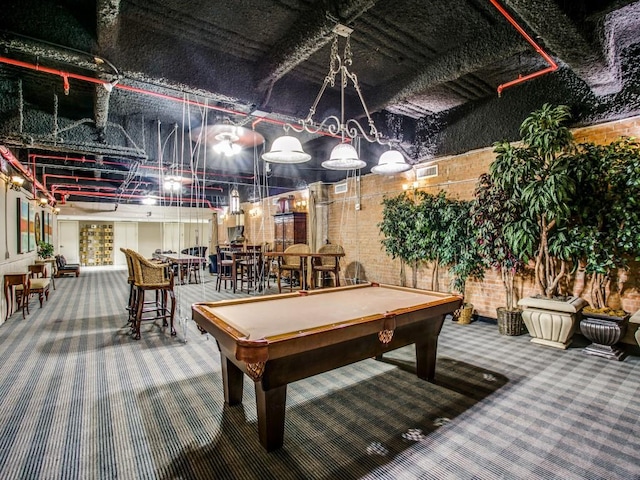 playroom featuring visible vents, brick wall, billiards, and carpet