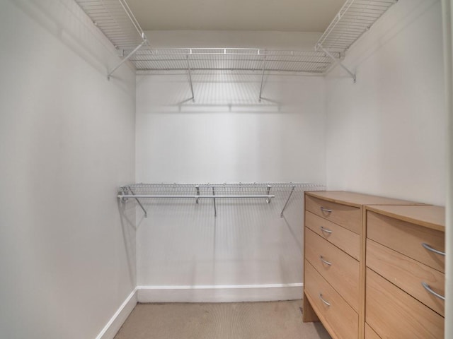 walk in closet with light carpet