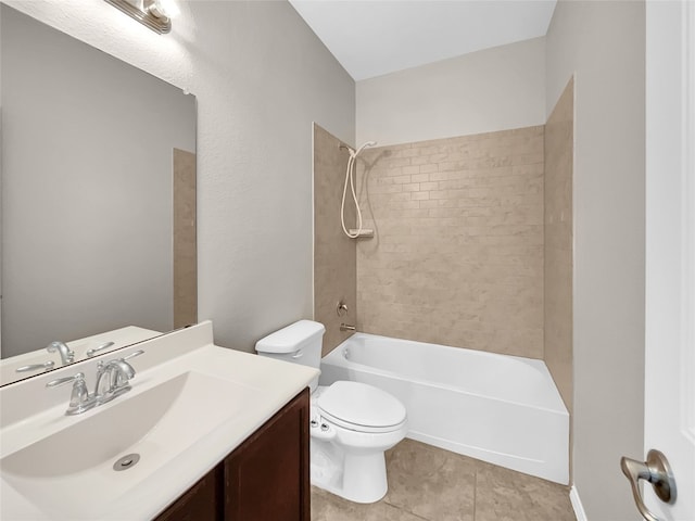 full bathroom featuring tiled shower / bath combo, tile flooring, toilet, and large vanity