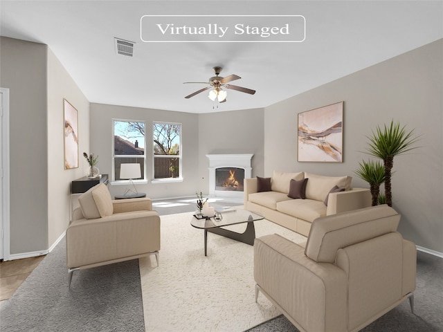 living room featuring ceiling fan