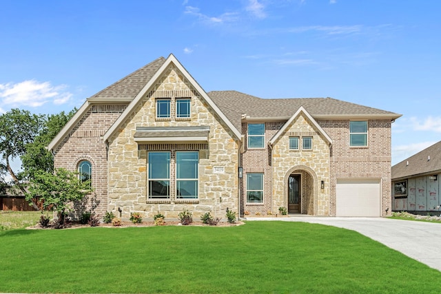 view of front of home featuring brick siding, roof with shingles, an attached garage, a front yard, and driveway