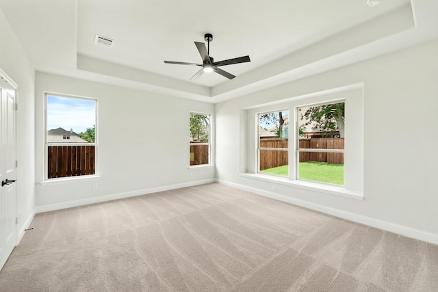 spare room with baseboards, a raised ceiling, and light colored carpet