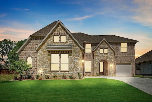 view of front facade with brick siding, a shingled roof, concrete driveway, an attached garage, and a front lawn