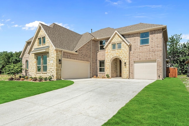 view of front of property featuring a shingled roof, a front yard, brick siding, and driveway