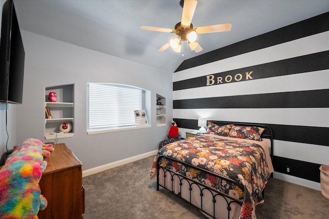 bedroom featuring carpet flooring, ceiling fan, and vaulted ceiling