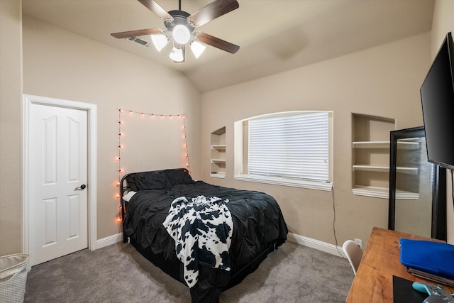 bedroom featuring carpet flooring, ceiling fan, and vaulted ceiling