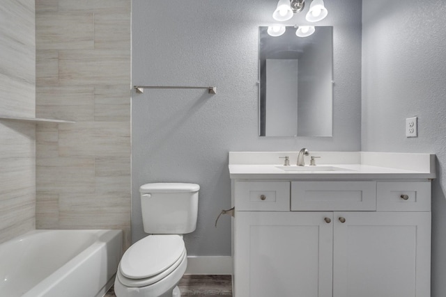 full bathroom with toilet, tiled shower / bath combo, vanity, and wood-type flooring