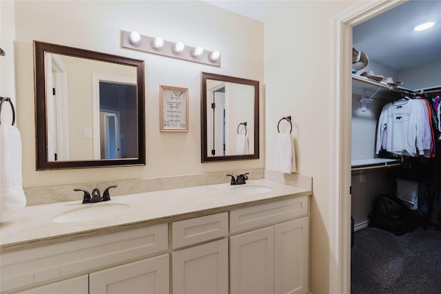 bathroom with a spacious closet, double vanity, and a sink