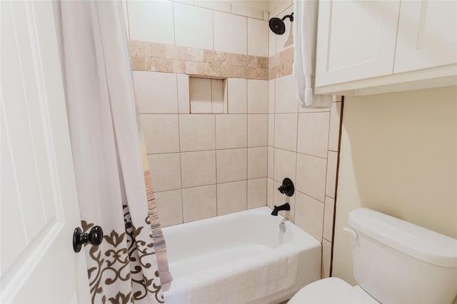 bathroom with toilet and shower / bathtub combination with curtain