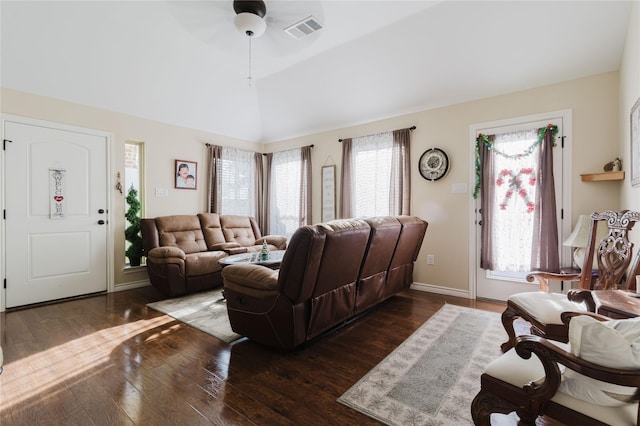 living room with dark hardwood / wood-style floors, vaulted ceiling, and ceiling fan