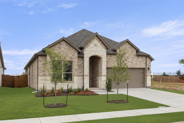 french country style house featuring a garage and a front yard