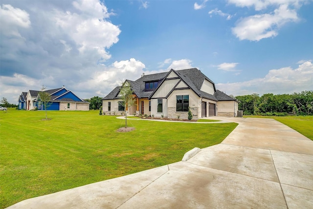 view of front of property featuring driveway, a garage, a shingled roof, stone siding, and a front lawn