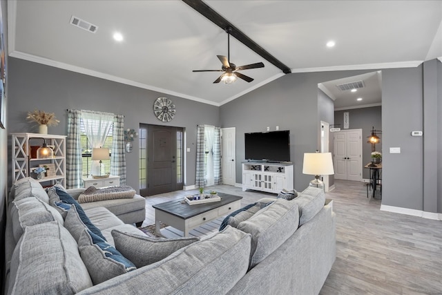 living room with vaulted ceiling with beams, light wood-type flooring, ceiling fan, and crown molding