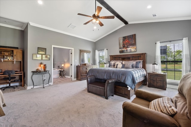 bedroom featuring multiple windows, ceiling fan, light carpet, and ornamental molding