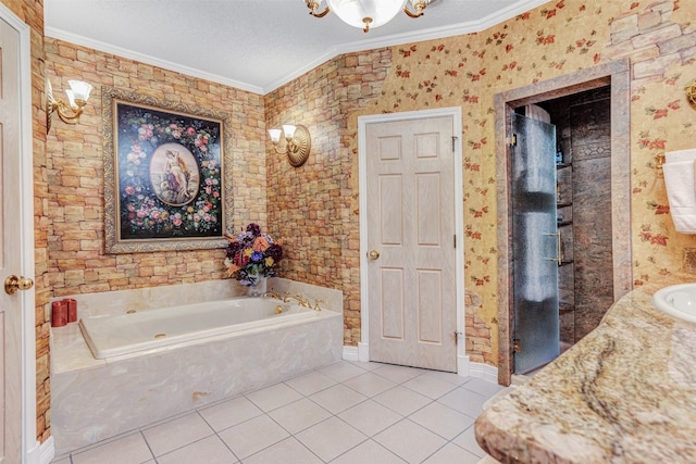 bathroom featuring independent shower and bath, a textured ceiling, vanity, tile floors, and ornamental molding