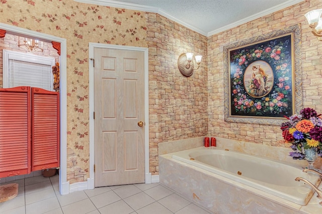 bathroom with crown molding, tile flooring, a textured ceiling, and a tub