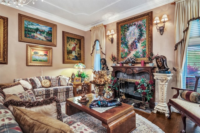 living room featuring ornamental molding, a textured ceiling, dark hardwood / wood-style floors, and a high end fireplace