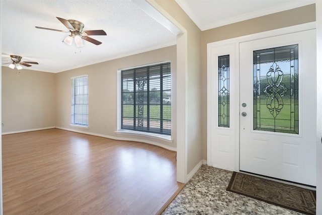 entryway featuring crown molding, ceiling fan, wood-type flooring, and a textured ceiling