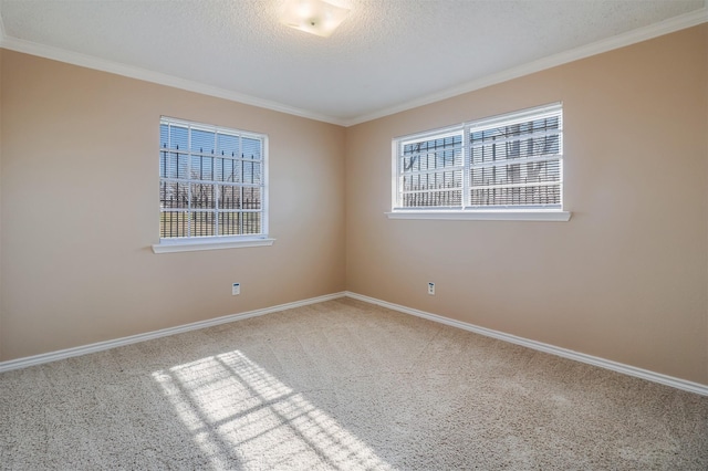 carpeted spare room with ornamental molding, a healthy amount of sunlight, and a textured ceiling