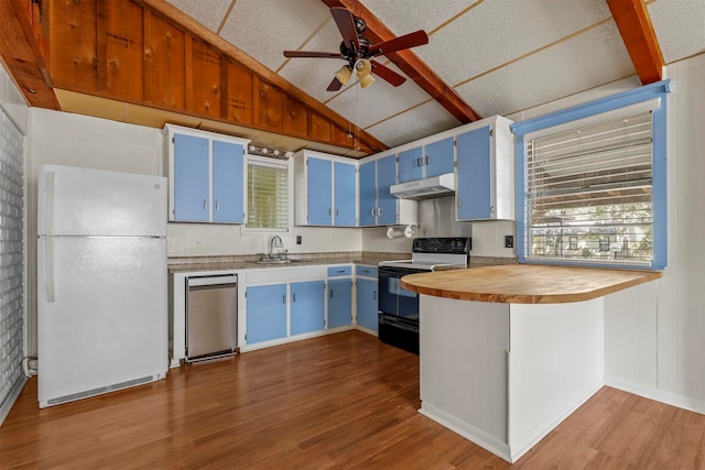 kitchen with butcher block counters, vaulted ceiling with beams, dark hardwood / wood-style floors, wooden walls, and white appliances