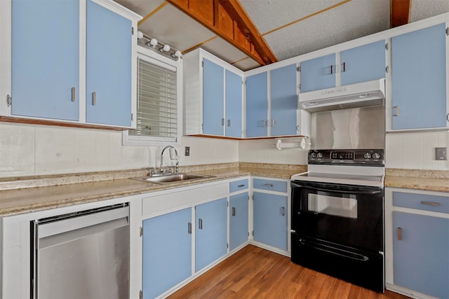 kitchen featuring sink, dishwasher, blue cabinets, white range with electric stovetop, and ventilation hood