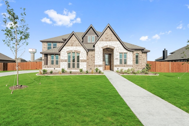 french country home with a front lawn, roof with shingles, and fence