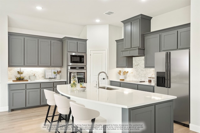 kitchen with decorative backsplash, appliances with stainless steel finishes, sink, a center island with sink, and gray cabinets