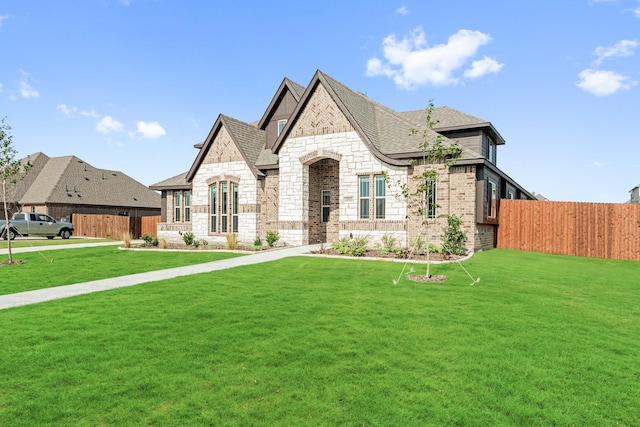 french country home with a shingled roof, a front yard, and fence