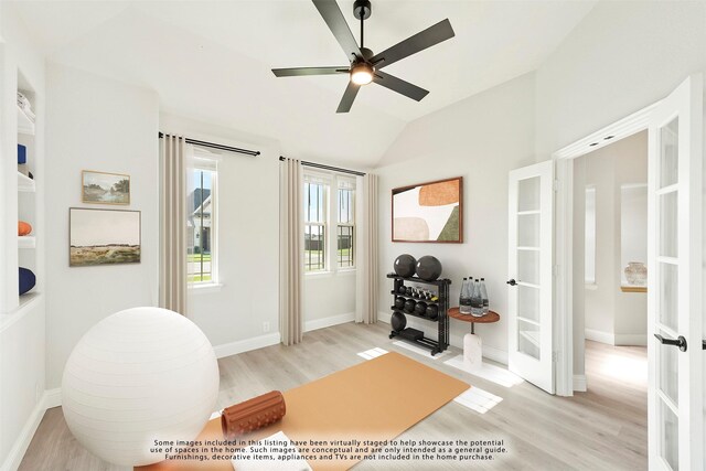 exercise room with french doors, light hardwood / wood-style flooring, ceiling fan, and lofted ceiling