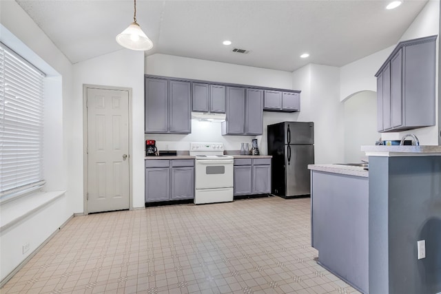 kitchen featuring light tile floors, gray cabinetry, white electric stove, stainless steel fridge, and pendant lighting