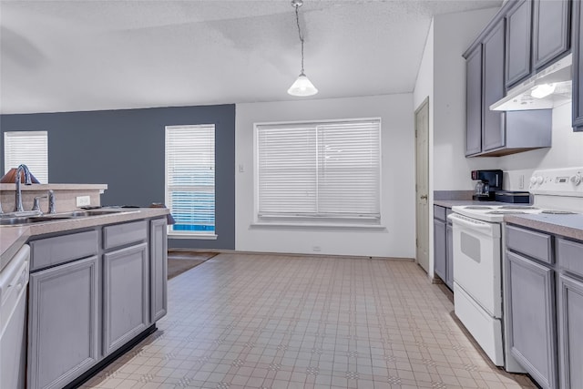 kitchen featuring light tile flooring, gray cabinets, white electric stove, dishwashing machine, and pendant lighting