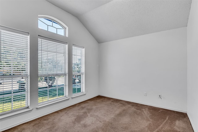 carpeted spare room with a textured ceiling and lofted ceiling