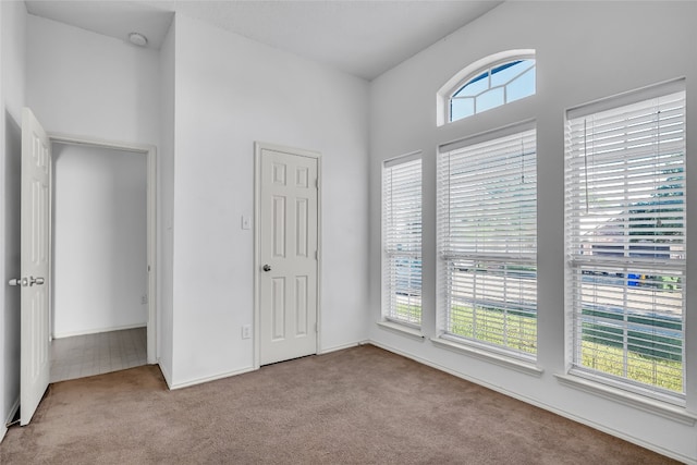 unfurnished bedroom featuring light colored carpet, a closet, and multiple windows