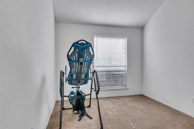 workout room featuring a textured ceiling and light carpet