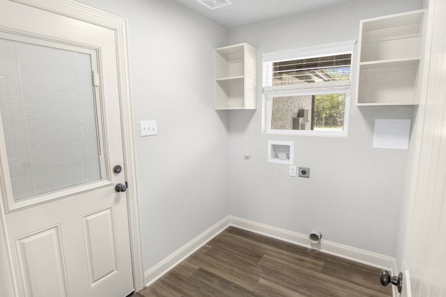 clothes washing area featuring dark wood-type flooring, washer hookup, hookup for an electric dryer, and gas dryer hookup