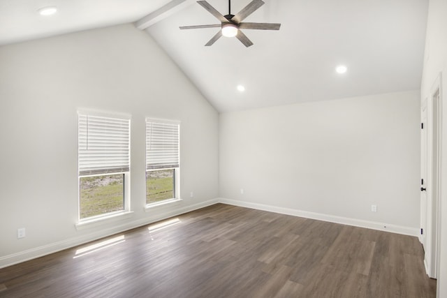 unfurnished room featuring dark wood-type flooring, ceiling fan, beam ceiling, and high vaulted ceiling