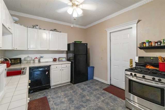 kitchen with ceiling fan, white cabinetry, black appliances, tile countertops, and sink