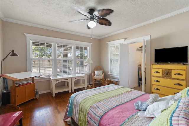 bedroom featuring ceiling fan, ornamental molding, a textured ceiling, and dark wood-type flooring