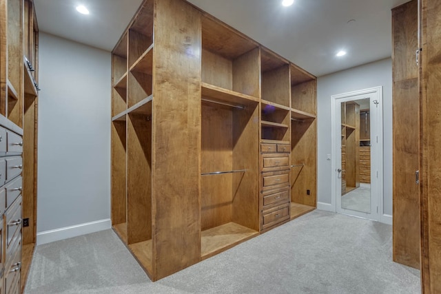 walk in closet with light carpet