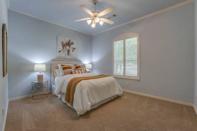 bedroom with ceiling fan, crown molding, and light colored carpet