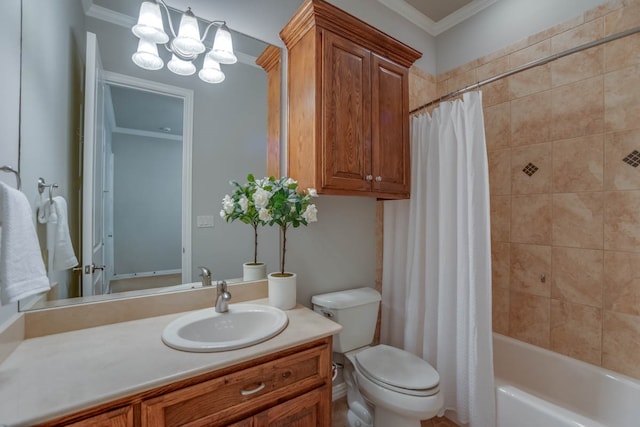 full bathroom with vanity, crown molding, shower / bath combo, and toilet