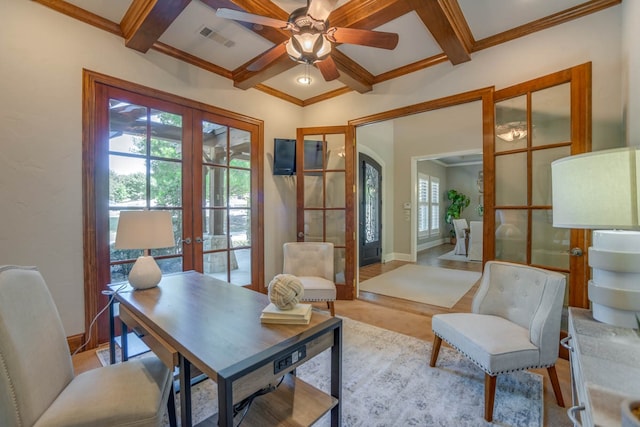 home office featuring beamed ceiling, french doors, and coffered ceiling