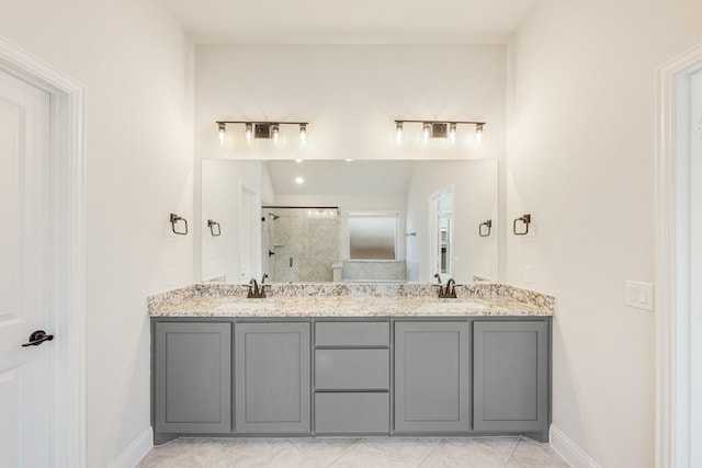 bathroom with tile patterned floors, vanity, and walk in shower